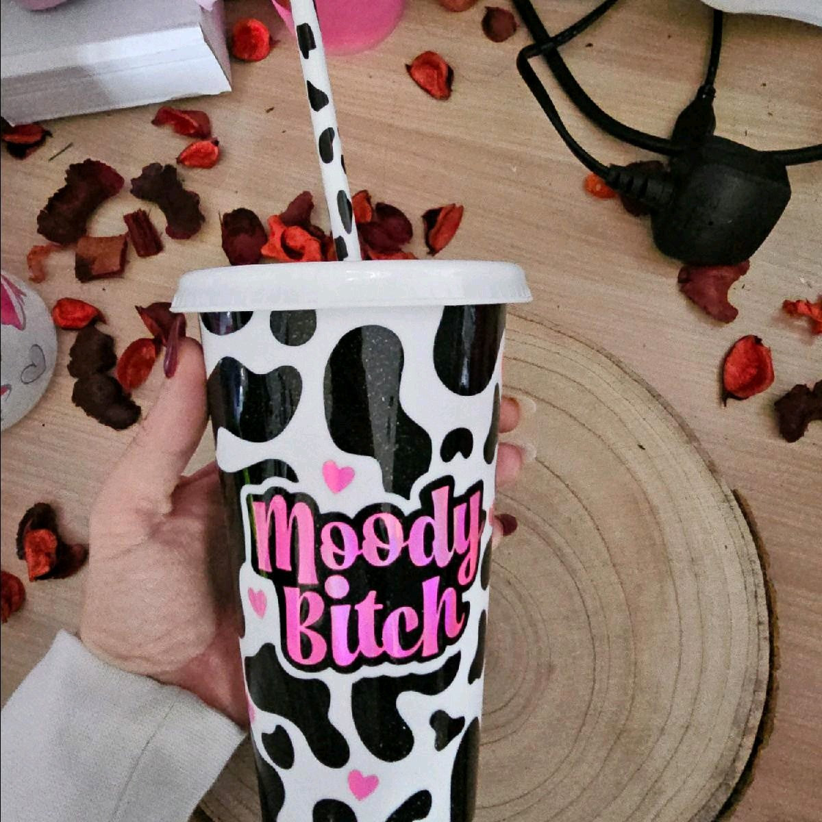 moody b cold cup Cow Drinkware Lid Straw Cow Print Drink Stylish