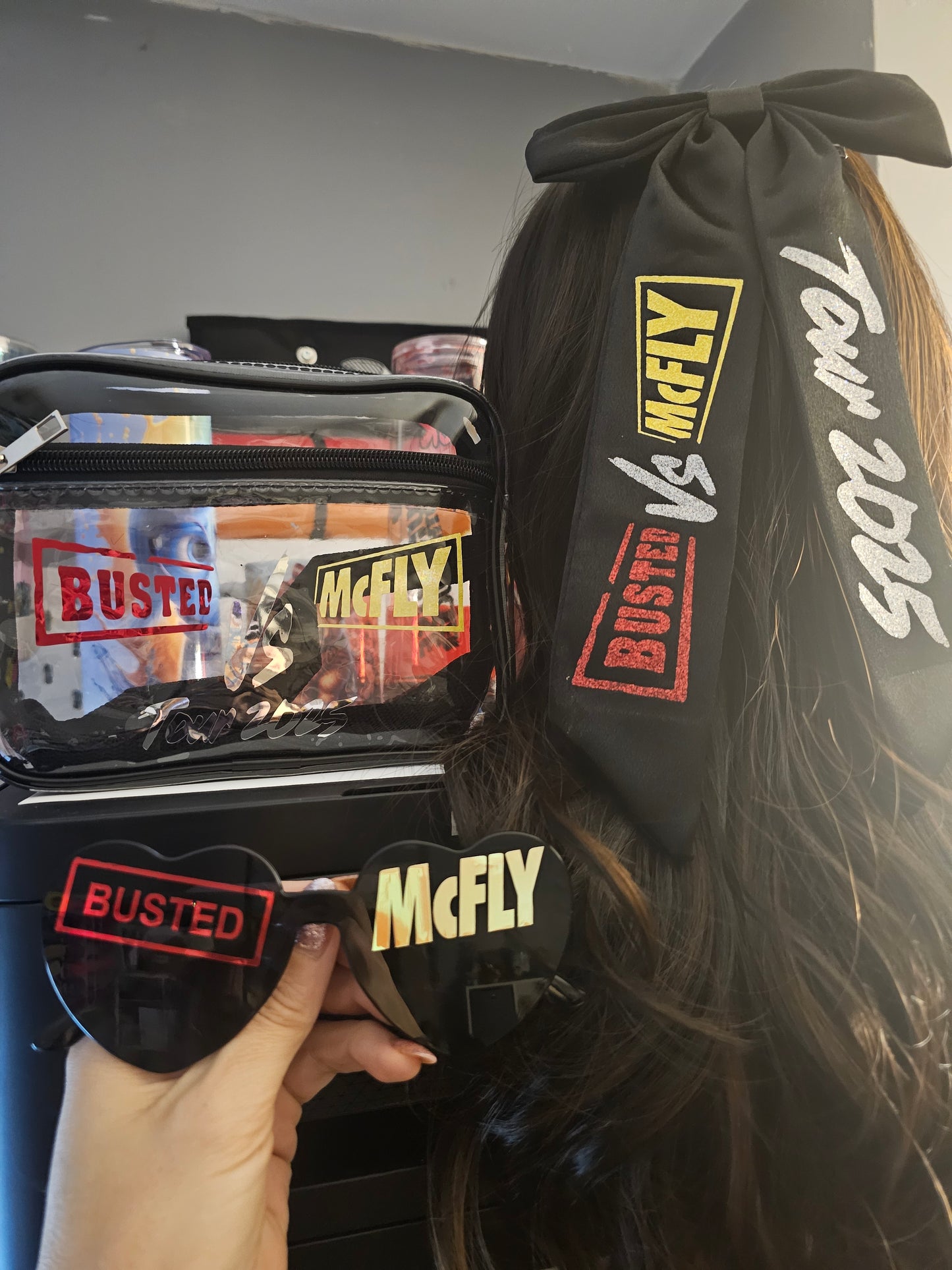 Busted vs McFly Concert Accessories Bundle - Hair Bow, Glasses, and Bag
