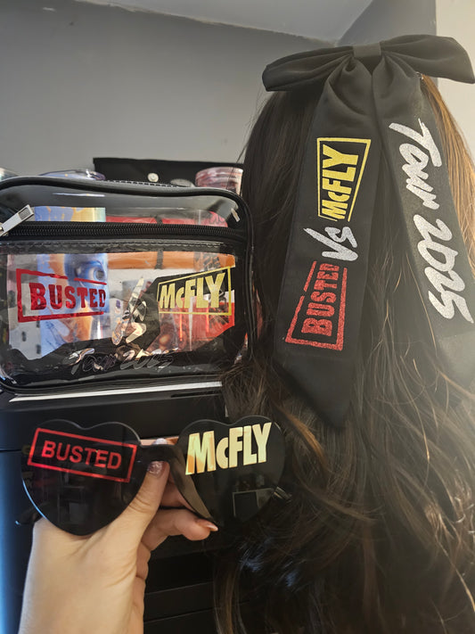 Busted vs McFly Concert Accessories Bundle - Hair Bow, Glasses, and Bag
