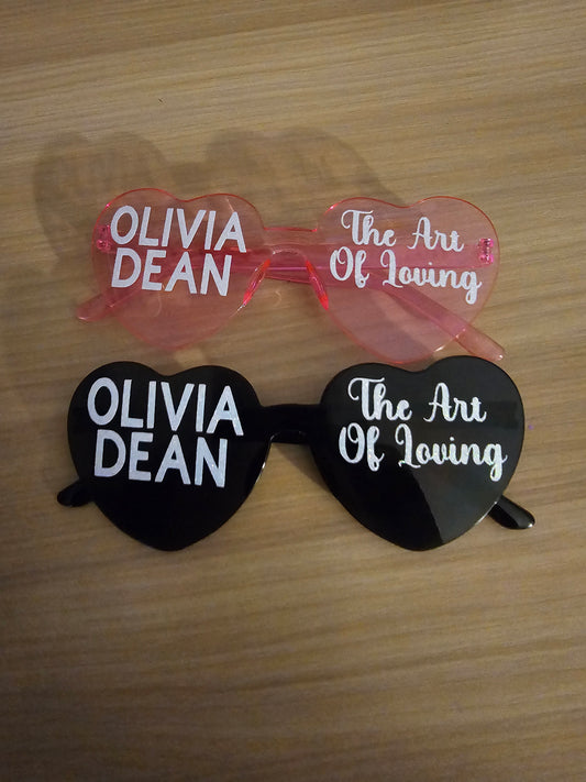 Olivia Dean Concert Sun Glasses - Heart-Shaped with 'The Art Of Loving' Text